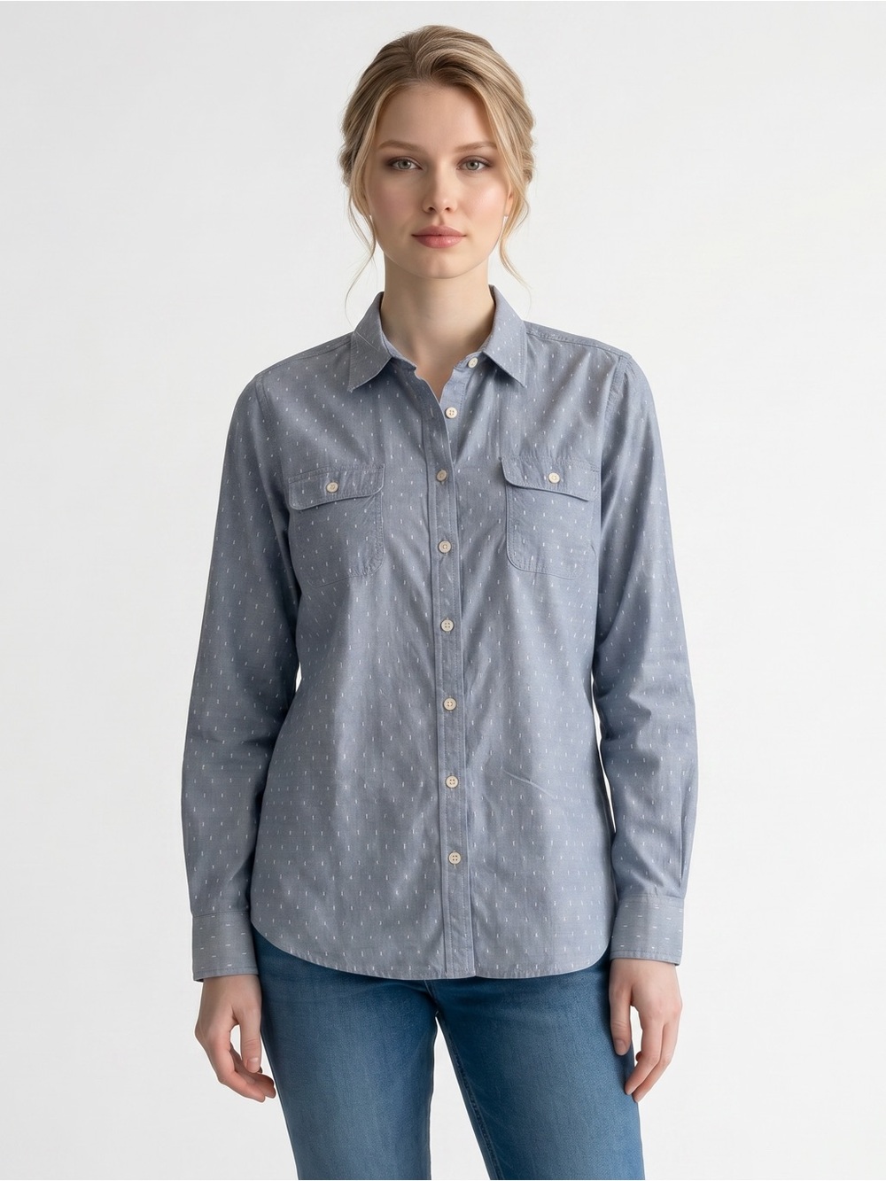 Talbots Chambray Blue Denim Shirt With White Dots (2) Chest Pockets Size Small